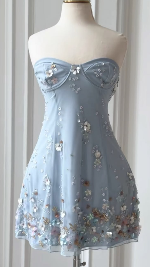 Fresh Tulle Applique Women's Homecoming Dress Pale Blue Corset Short Prom Dress Party Dress RS2712