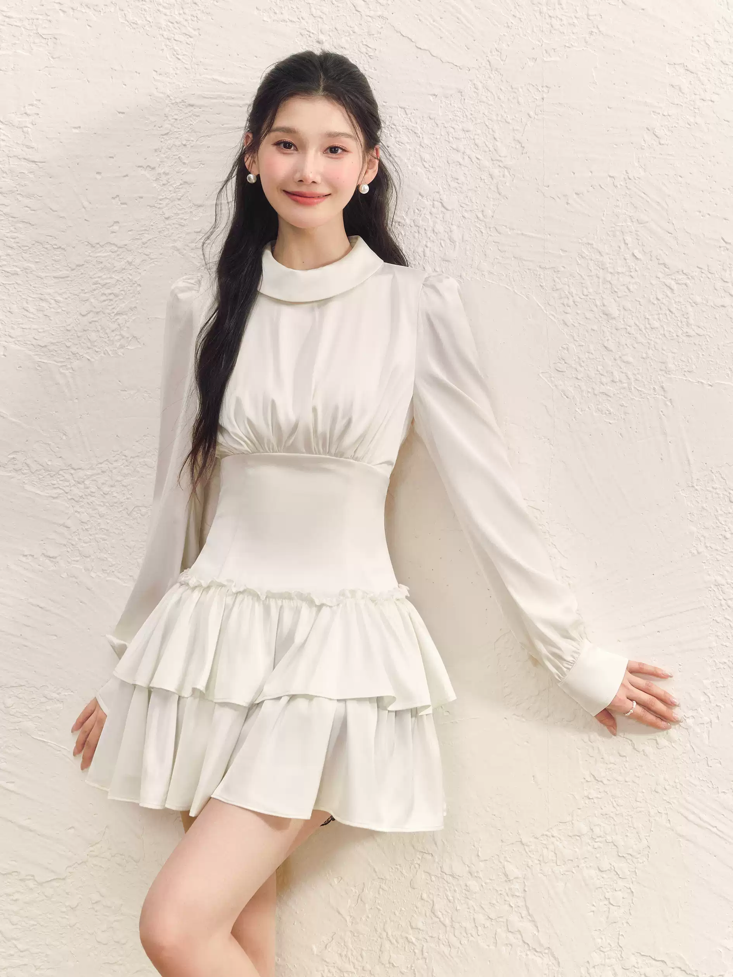 White High Neck Tiered Dress Women With Long Sleeves And Waist Cinched Design R9397