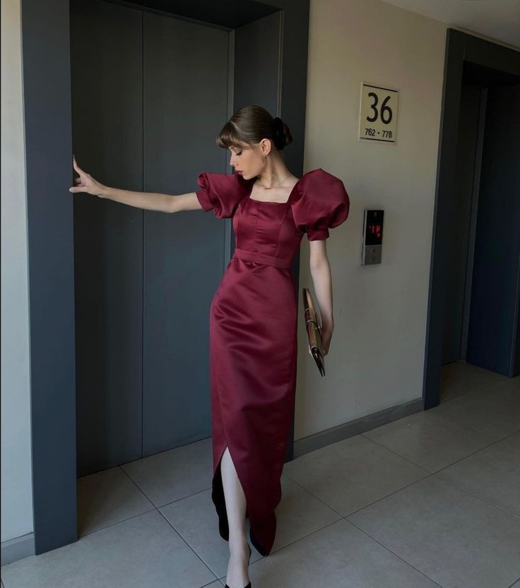 Vintage Puff Sleeves Sheath Prom Dress,Elegant Prom Gown S5850