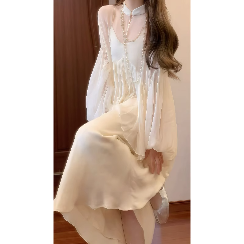 Cool and relaxed suspender dress stand collar top generous and decent two-piece skirt suit R0411