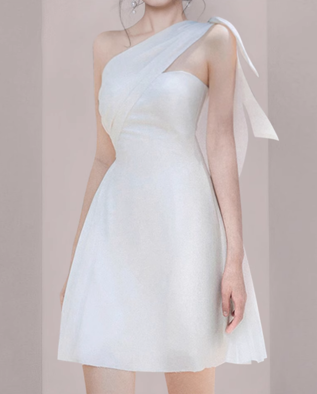 French style white one-shoulder short evening dress banquet slim dress dress homecoming dress R2979