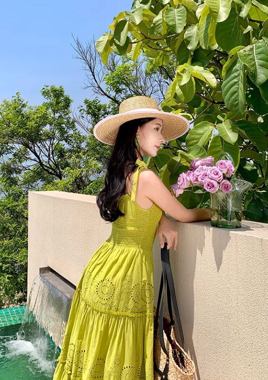 Bohemian holiday long dress elastic square neck slim waist embroidered ruffled suspender dress R0206