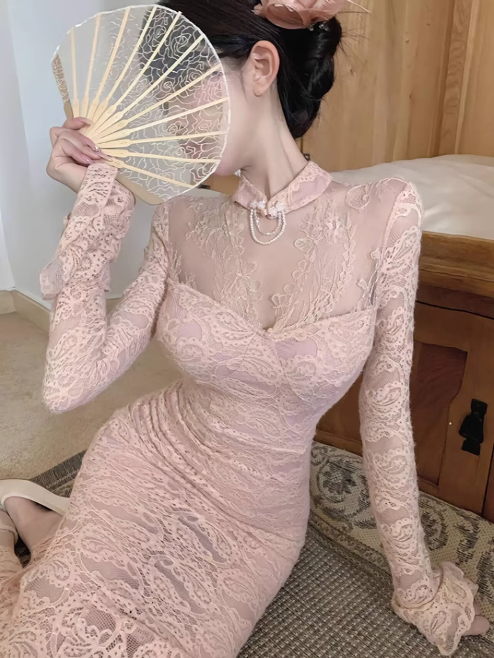 New Chinese style long-sleeved hollow lace dress 2025 step by step lotus hip fishtail skirt R1218