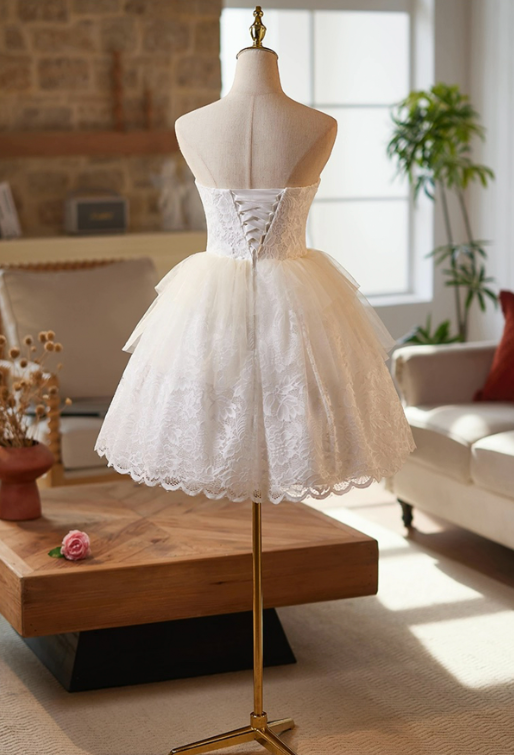 Minimalist White Lace A-Line Strapless Corset Mini Birthday Dress Homecoming Dress RS445