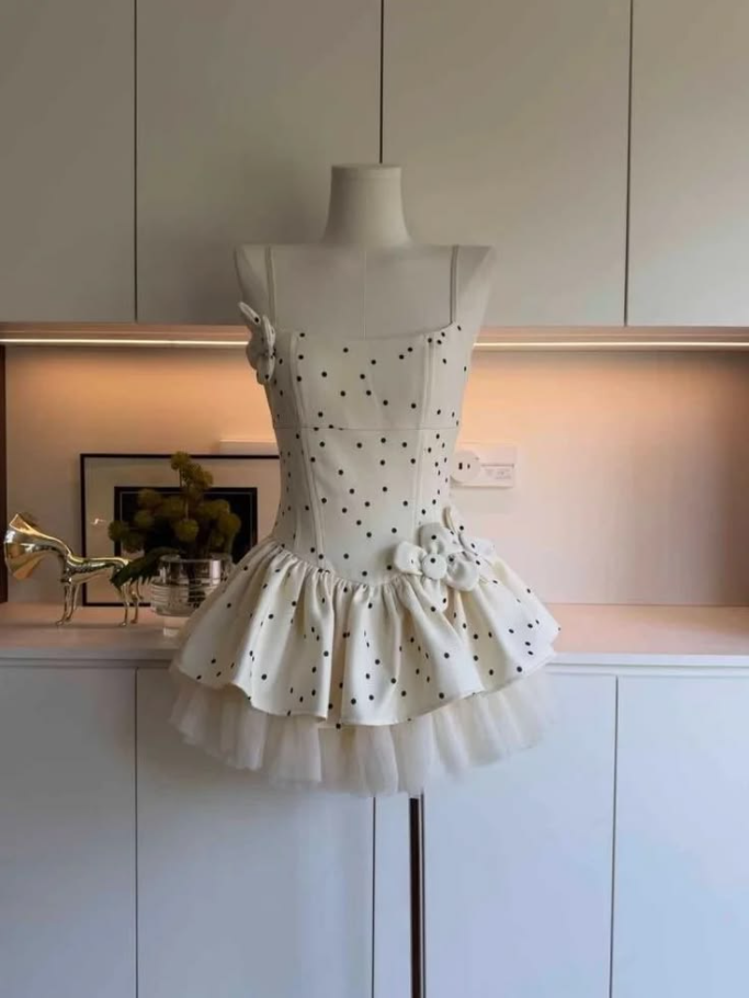Cute Ivory A-Line Spaghetti Straps Polka Dots Corset Mini Prom Dress Homecoming Dress RS647