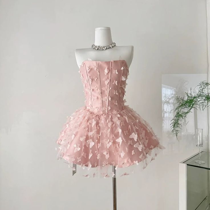 Pink tube top bow print waist slim A-line short skirt homecoming dress R3902