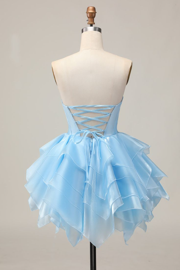 Niche Pale Blue Ruffled A-Line Strapless Corset Mini Prom Dress Homecoming Dress RS649