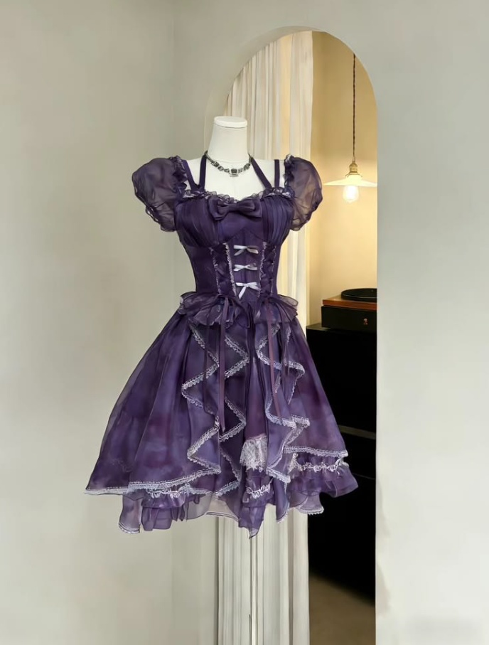 Charming Purple Ruffled A-Line Square Corset Mini Prom Dress Homecoming Dress RS650