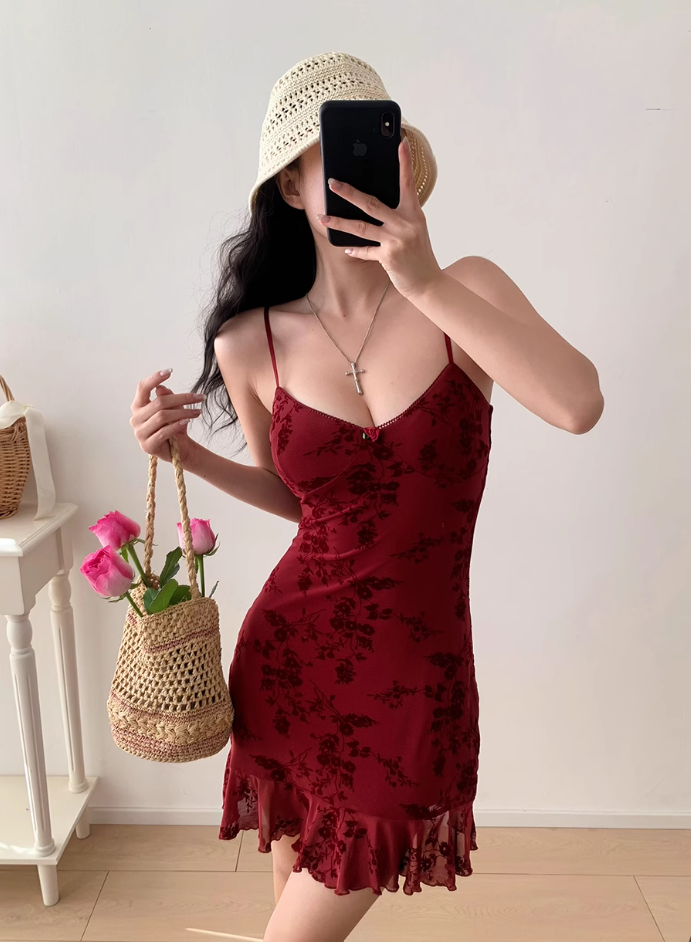 French retro wine red floral sling dress mesh hip skirt R2854