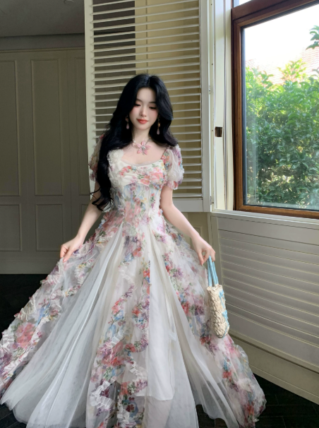 Charming White Floral A-Line Square Applique Corset Maxi Prom Dress RS656