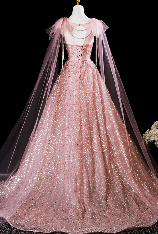 Elegant Light Pink Glitter A-Line Sheer Straps Maxi Prom Dress Evening Dress RS459