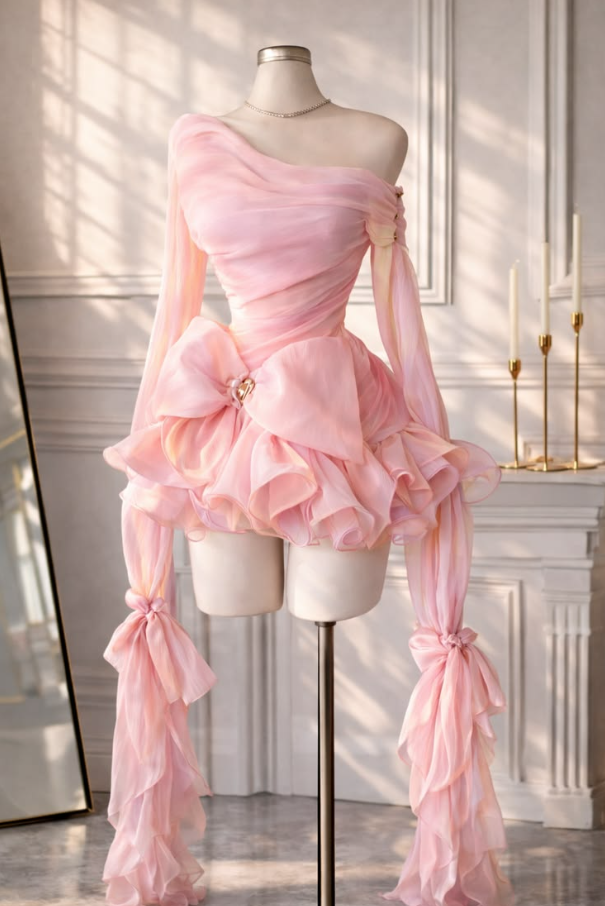 Sweet Pink Ruffled A-Line One-shoulder Corset Mini Birthday Dress Homecoming Dress RS657