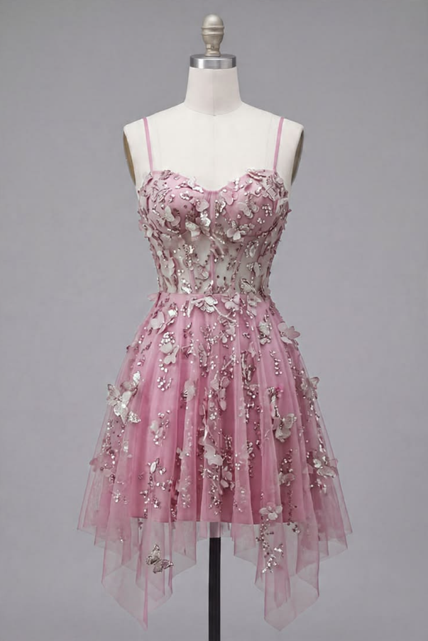 Luxury Barbie Pink Homecoming Dress A-Line Spaghetti Straps Applique Corset Mini Birthday Dress RS658
