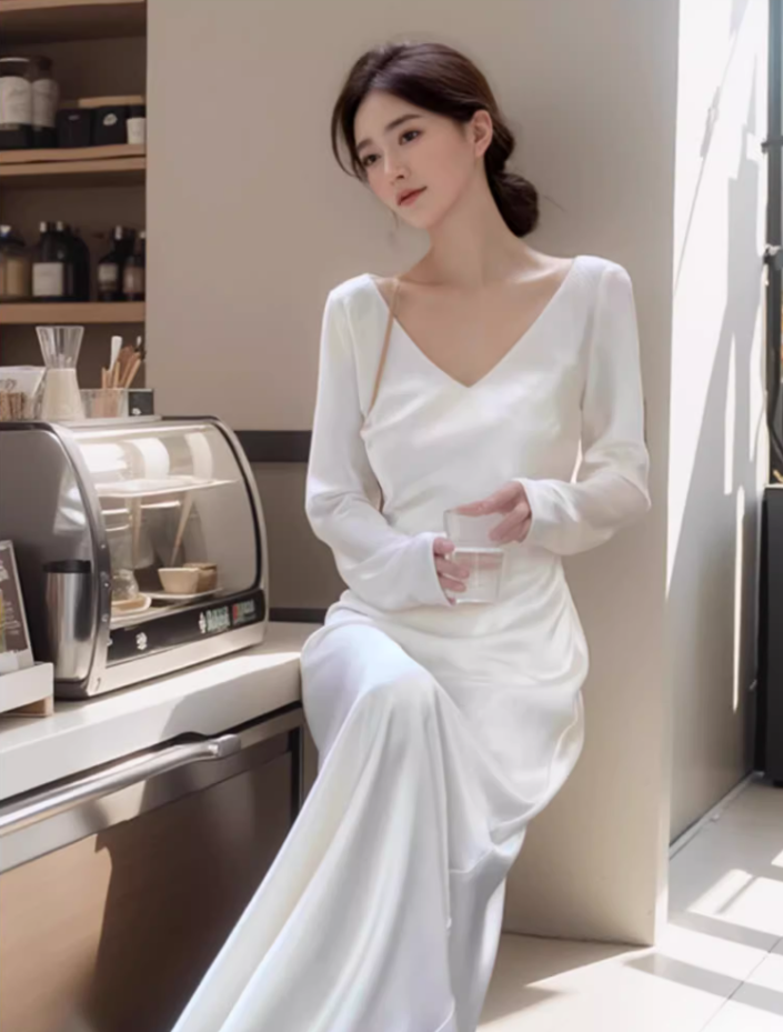 French V-neck satin long-sleeved dress, elegant waist and hip-hugging beautiful long dress R1462