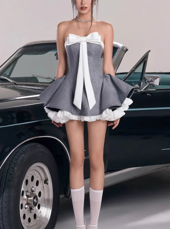 Ballet style bow tube top dress 2025 Thousand gold feeling waist puffy short skirt R1126