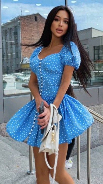 Blue polka dot puff sleeves slim waist A-line short skirt homecoming dress R3842