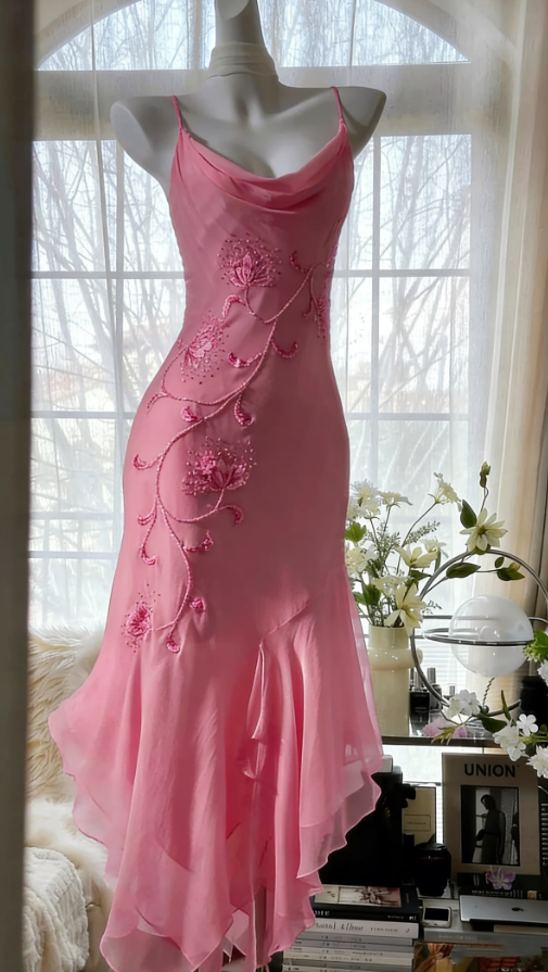 Embroidered Flowy Chiffon Corset Prom Gown , Barbie Pink Women's Maxi Party Dress RS2410