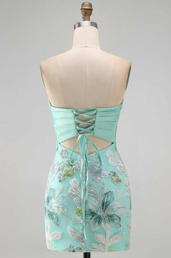 Floral Vibrant Strapless Women's Homecoming Dress Mint Green Corset Short Prom Dress Birthday Dress RS2563