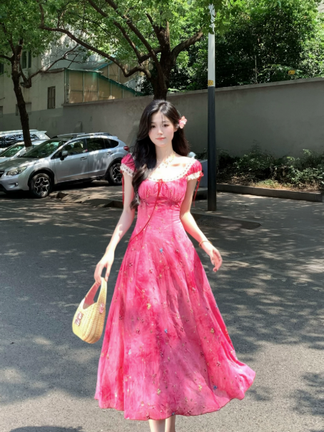 Sweet Barbie Pink Beaded Summer Dress A-Line Portrait Corset Maxi Prom Dress RS699