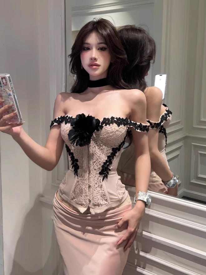 Large size French atmosphere lace lace tube top pure desire skirt hot girl suit R1865