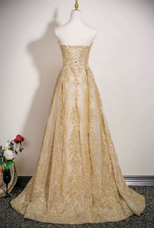 Charming Golden Glitter A-line Strapless Corset Maxi Prom Dress Evening Dress RS501