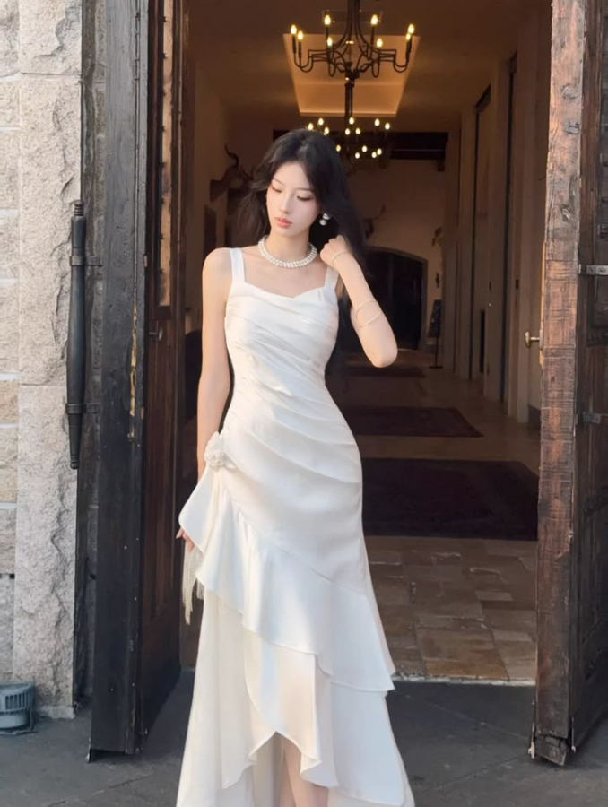 Stunning Silky Ruffled Prom Gown White Women's Maxi Evening Dress Party Dress RS2832