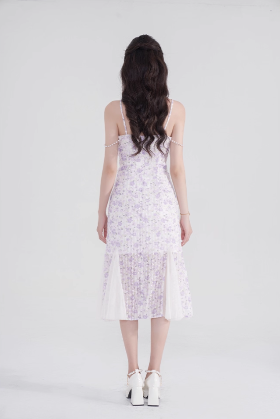French design niche fishtail skirt sweet pure desire mid-length skirt purple floral suspender dress R4145
