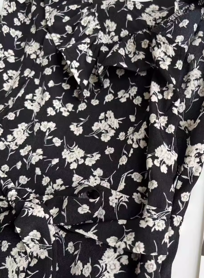 Tea break dress 2025 new dating rose island floral black dress medium-length ruffled skirt R0179