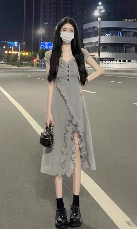 Silver Moonlight Long Ruffled Dress Square Neck Slimming Slit Long Dress Women R0077