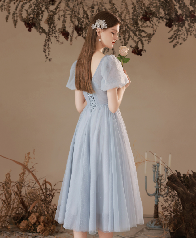 Minimalist Blue Homecoming Dress , Tulle Beaded Corset Short Prom Dress RS1700