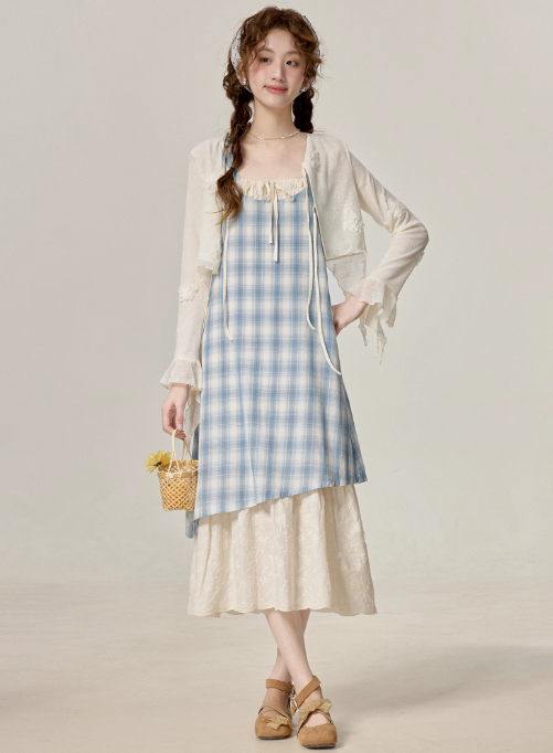 Summer temperament blue plaid suspender dress beautiful holiday dress R1891