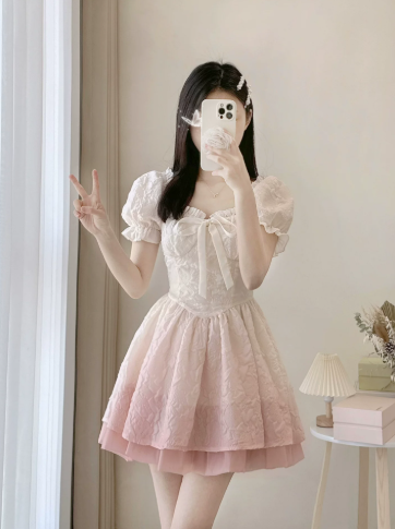 Sweet Blush Pink Puff Sleeves Homecoming Dress A-Line Square Corset Mini Birthday Dress RS719