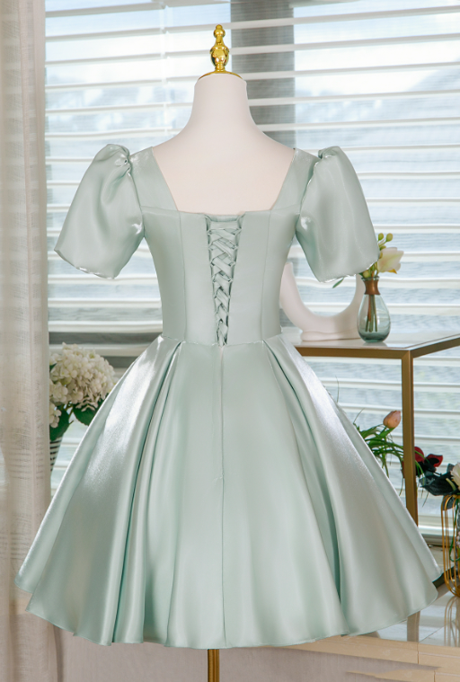 Elegant Mint Green A-line Square Embroidery Satin Corset Mini Prom Dress Homecoming Dress RS507