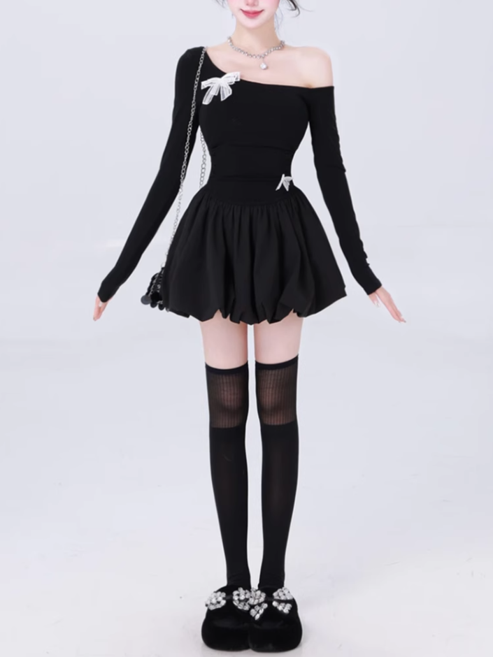 Sweet and spicy off-shoulder long-sleeved dress 2025 waist bow puffy bud skirt R1021