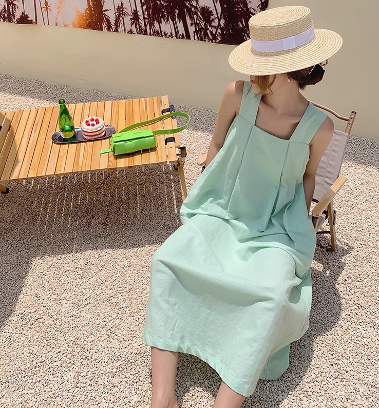 French cotton and linen suspender dress holiday seaside skirt travel long skirt suspender skirt R0195