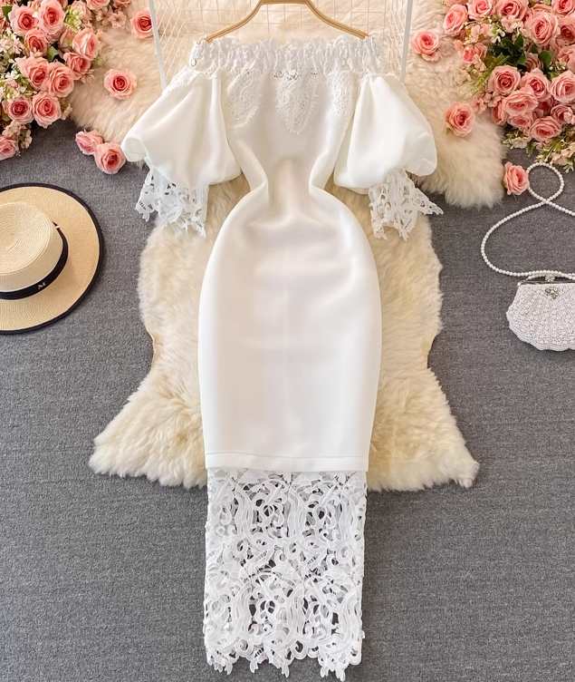 Retro French style waisted hip dress long skirt lace one-shoulder off-shoulder lantern sleeve dress R0383