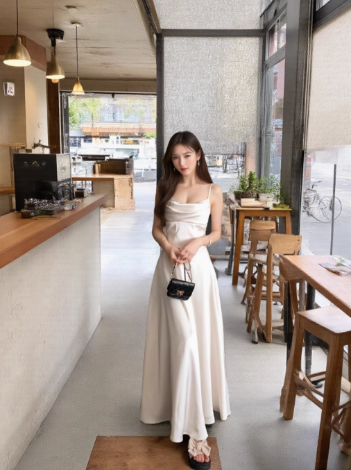 French style white suspender dress with swaying collar and satin temperament slim dress R1539