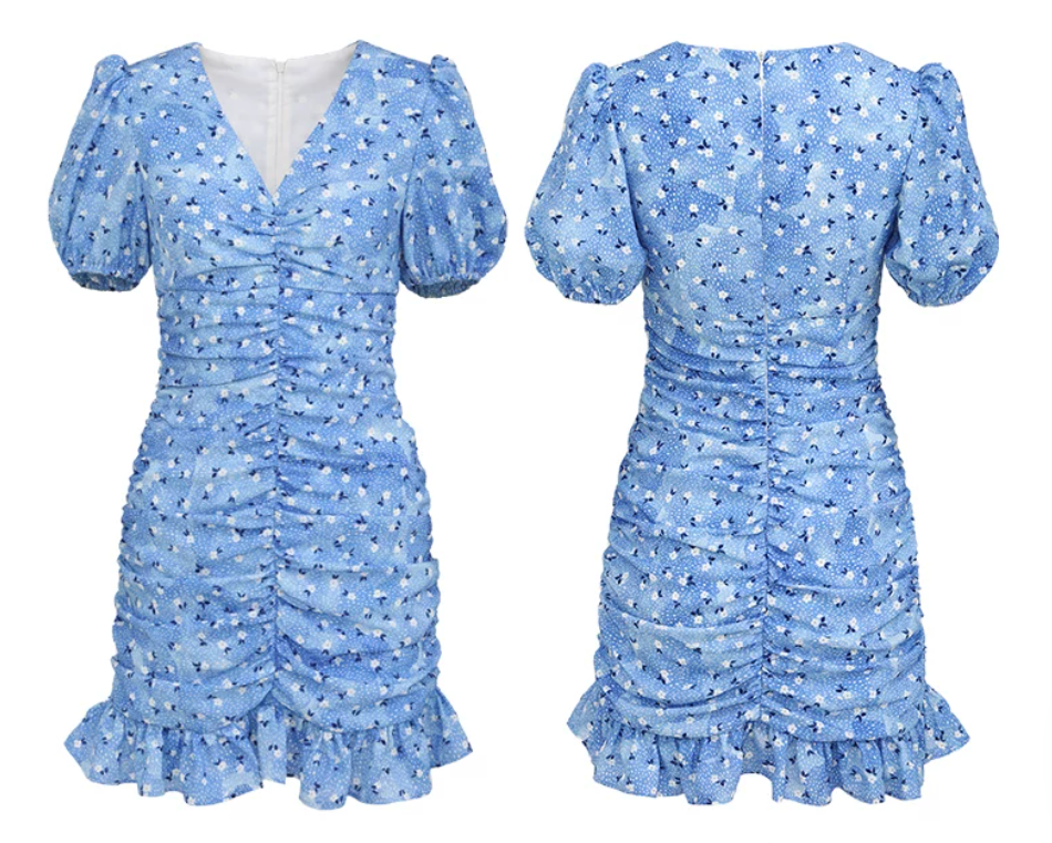 Blue Floral Print Bodycon Mini Dress Women With Ruched Front And Puff Sleeves R9482