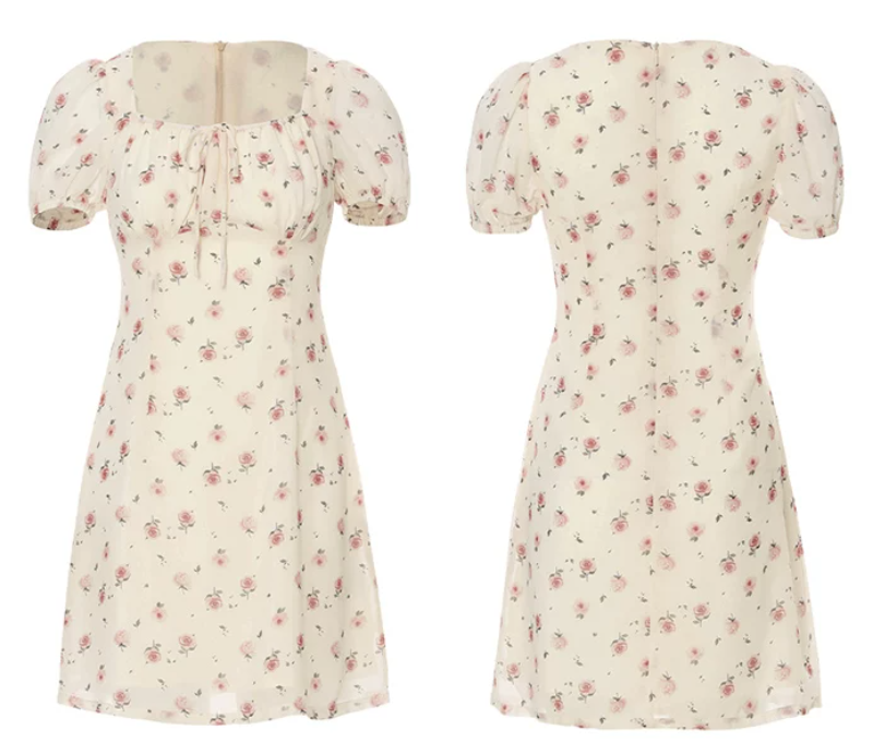 White Floral Print Mini Dress Women With Puff Sleeves And Square Neck R9466