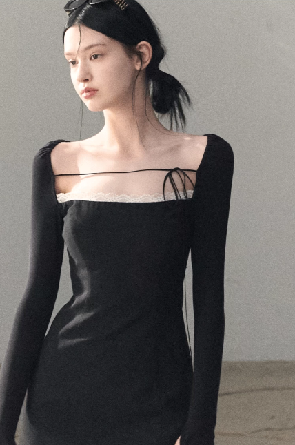 Black Square Neck Long Sleeve Mini Dress with Lace Trim and Tie Detail R9366