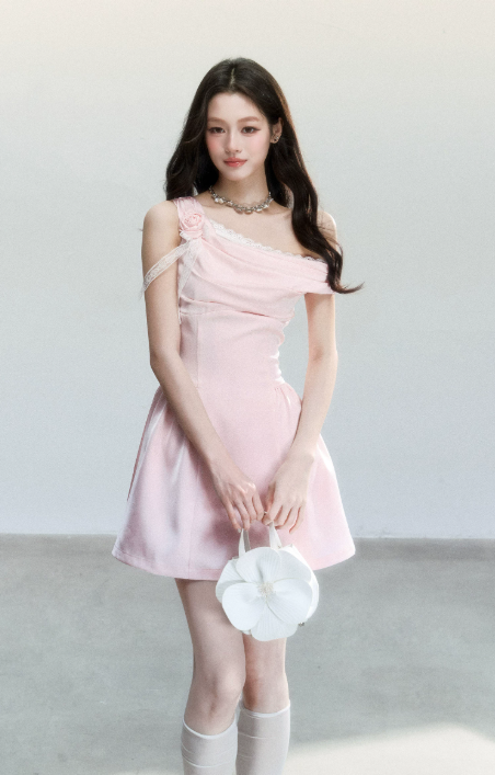 Pink Satin One Shoulder Mini Dress Women With Lace Trim And Rose Detail R9416