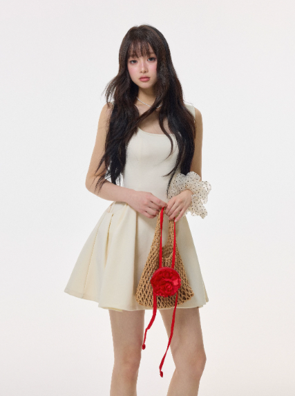 Cream White French Style Sleeveless Mini Dress, Square Neck High Waist Flare Skirt R9377