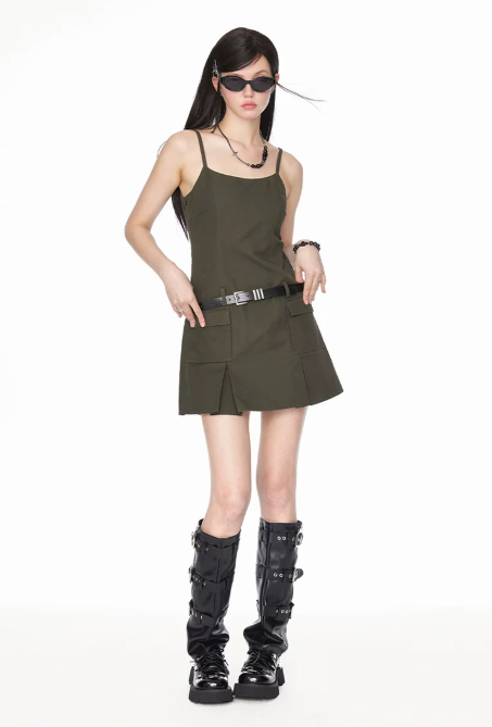 Women Army Green Cargo Dress With Camisole Strap And A Line Skirt R9389
