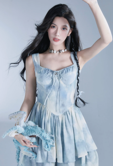 Blue Tie Dye Corset Style Cami Dress Women With Tiered Skirt And Lace Trim R9438
