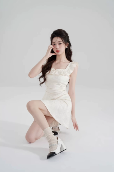 Cream White A-Line Dress, Women's Ruffle Neck Textured Sleeveless Mini Dress R9336