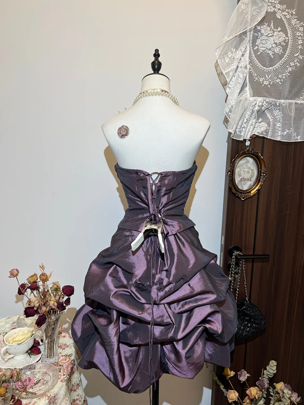 Dark purple tube top waist slim fit flower bud skirt short skirt homecoming dress R4268