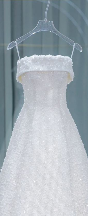 White suspender sequined waist slim A-line long dress bridal dress R5777