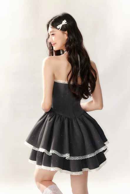 Black Halter Corset Tiered Mini Dress with White Lace Trim and Sparkle Details R9229