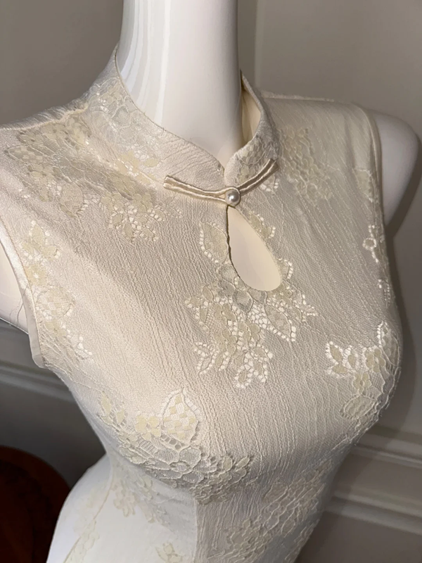 Apricot white sleeveless fitted waist slim-fit midi ball gown with classic elegance R6849