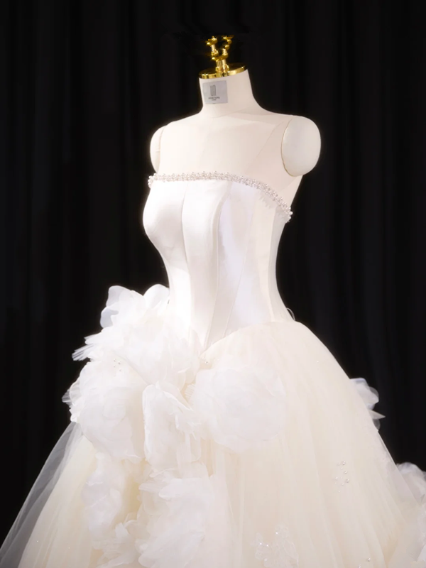 White strapless, fitted waist, full skirt, long ball gown, bridal dress R8916